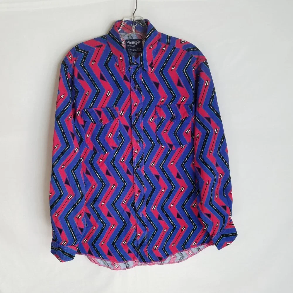 Vintage Wrangler Cowboy Cut Long Tails Aztec Arrows Westesrn Shirt Size 15.5 -34